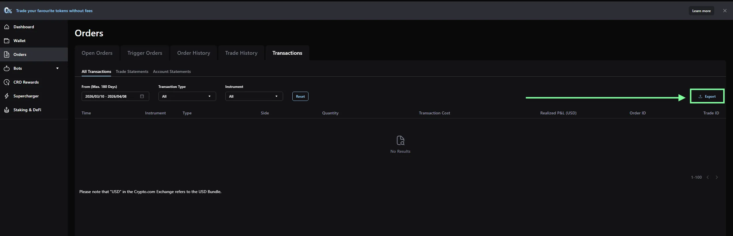 Paso 4 Crypto.com Exchange: Haz clic en el botón Export