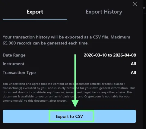 Paso 5 Crypto.com Exchange: Haz clic en Export to CSV en la ventana emergente