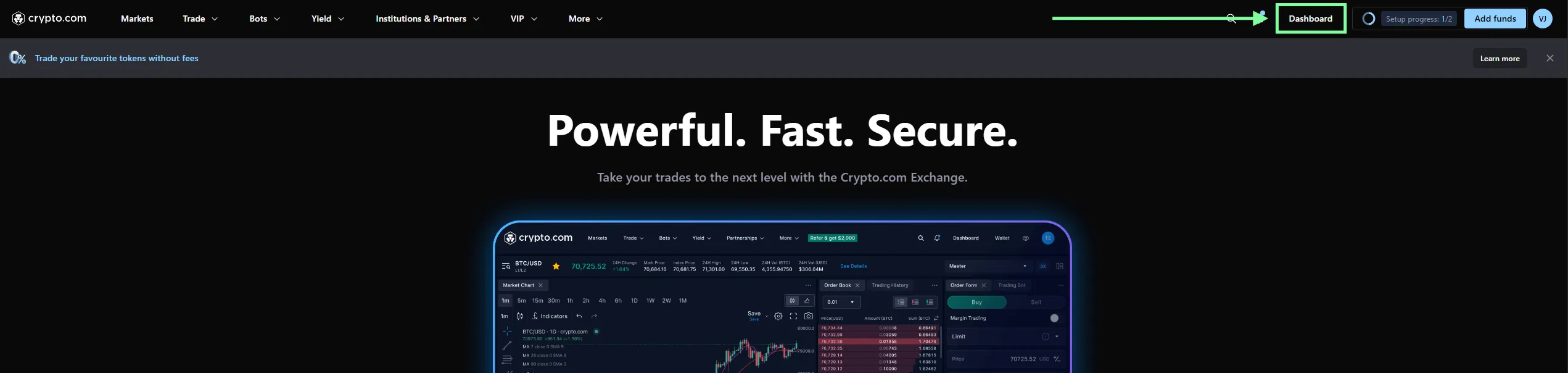 Paso 1 Crypto.com Exchange: Accede al Dashboard desde el menú superior