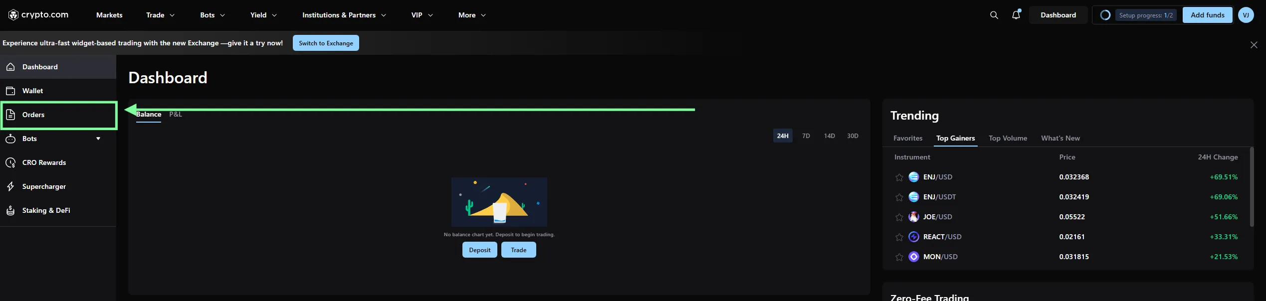 Paso 2 Crypto.com Exchange: Haz clic en Orders en el menú lateral izquierdo
