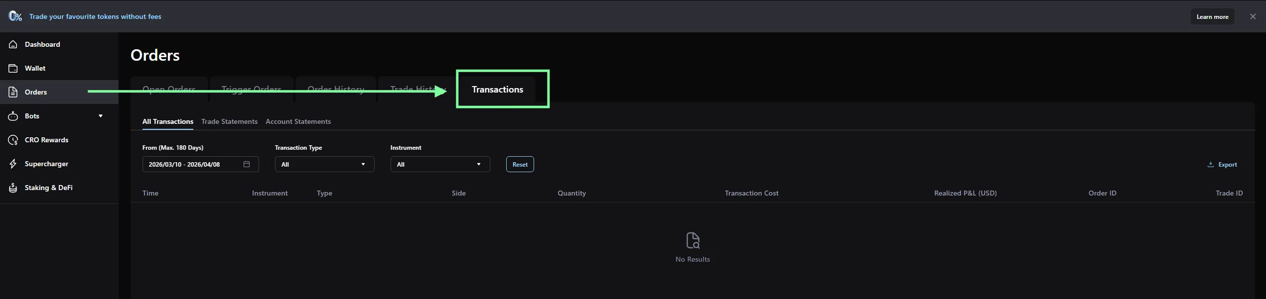 Paso 3 Crypto.com Exchange: Selecciona la pestaña Transactions y configura el rango de fechas