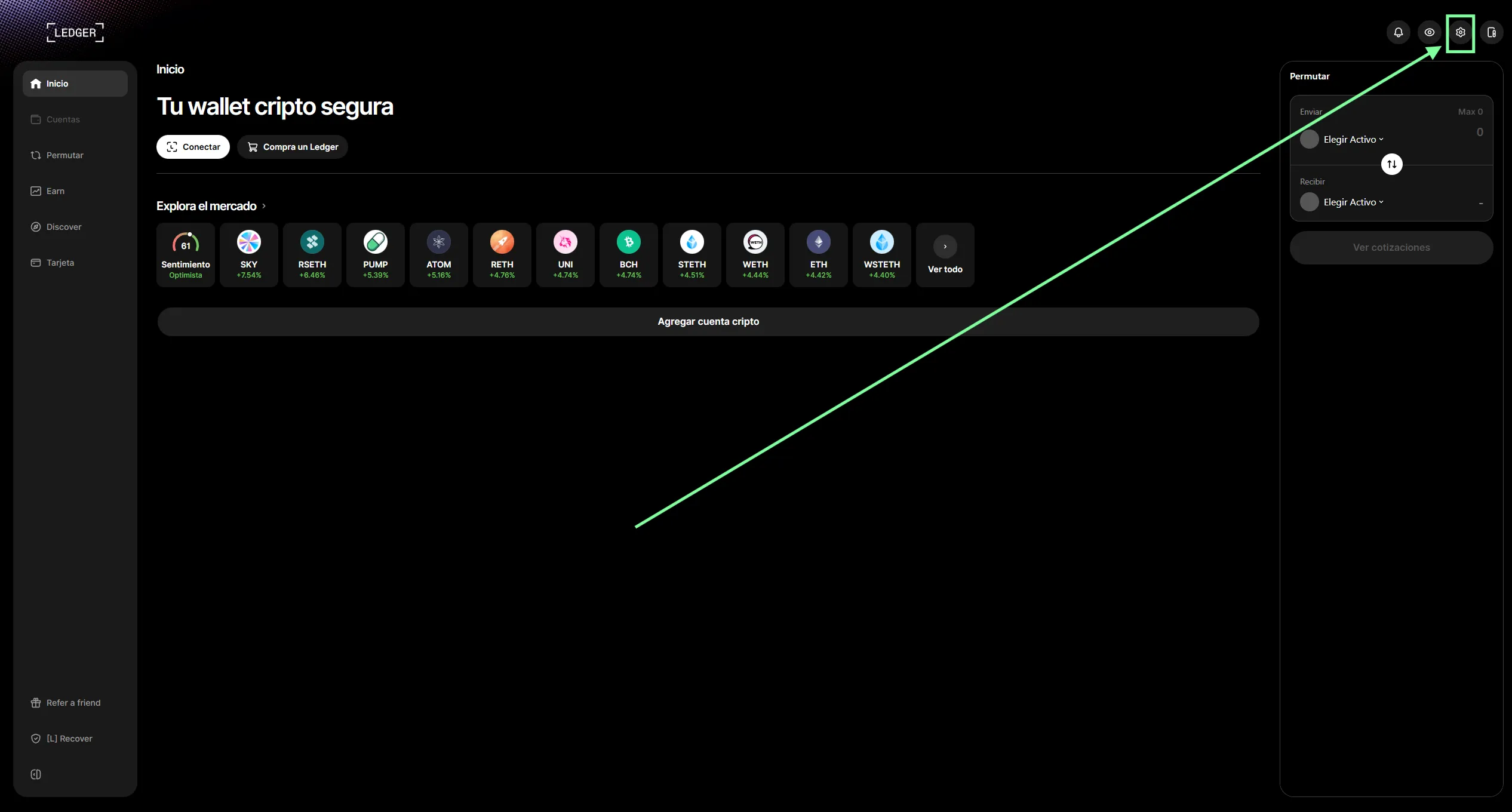 Pantalla de inicio de Ledger Live mostrando el icono de Ajustes en la esquina superior derecha