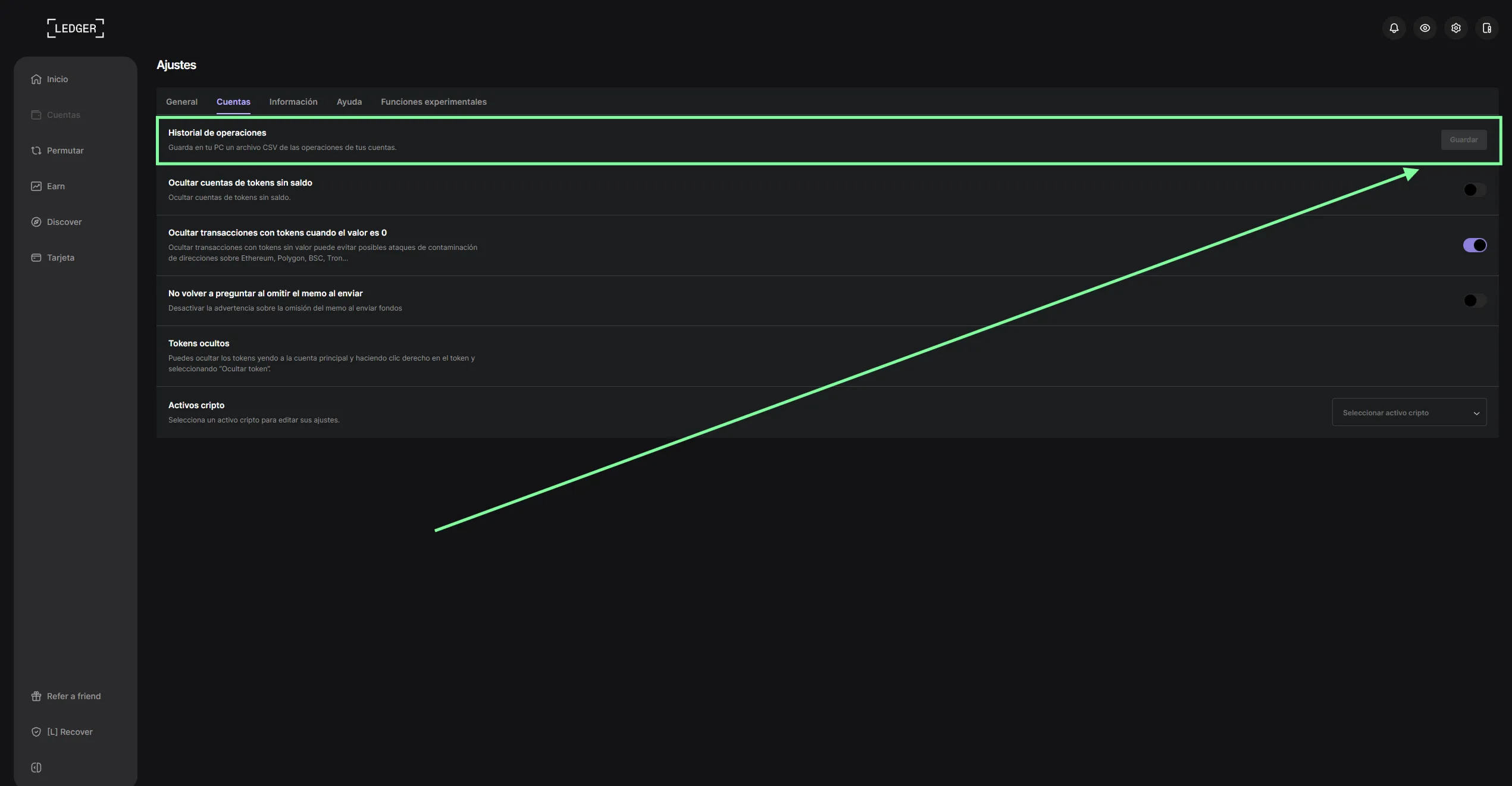 Sección Historial de operaciones en Ledger Live con el botón Guardar para descargar el CSV
