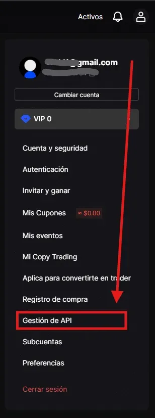 Paso 1 API BingX: Acceder a Gestión de API desde el menú desplegable del perfil de usuario