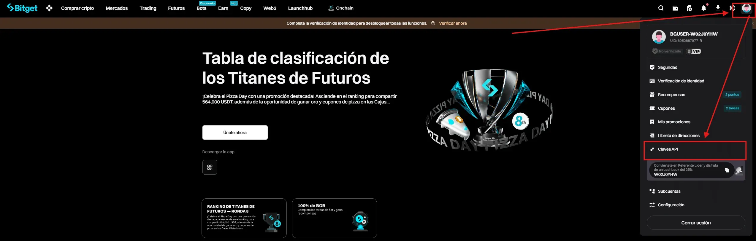 Paso 1 API Bitget: Acceder a Claves API desde el menú desplegable del perfil de usuario