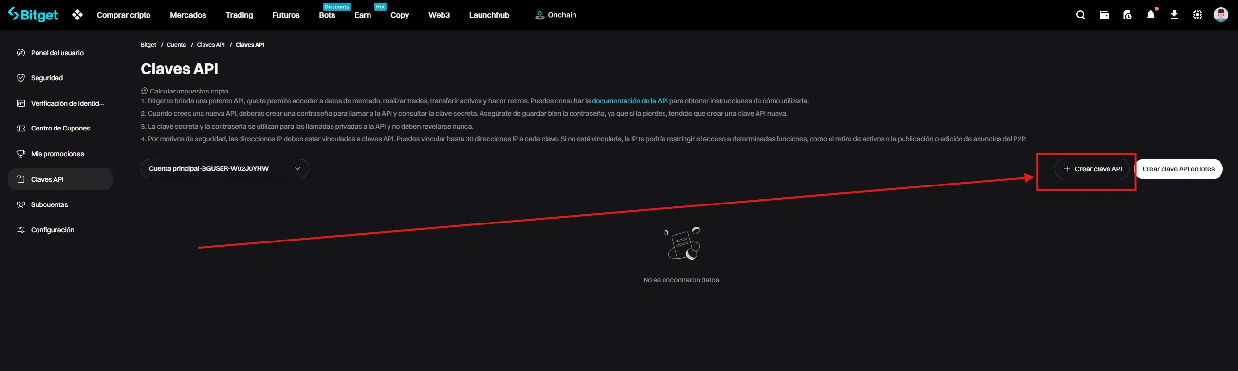 Paso 2 API Bitget: Hacer clic en Crear clave API en la página de administración de claves