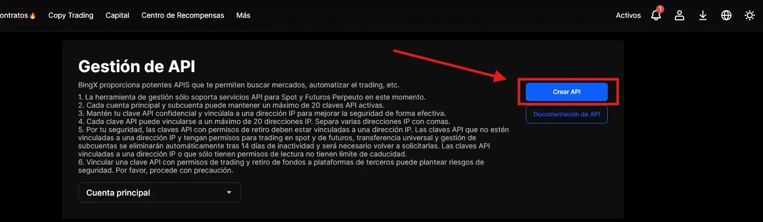 Paso 2 API BingX: Hacer clic en Crear API en la página de gestión de claves