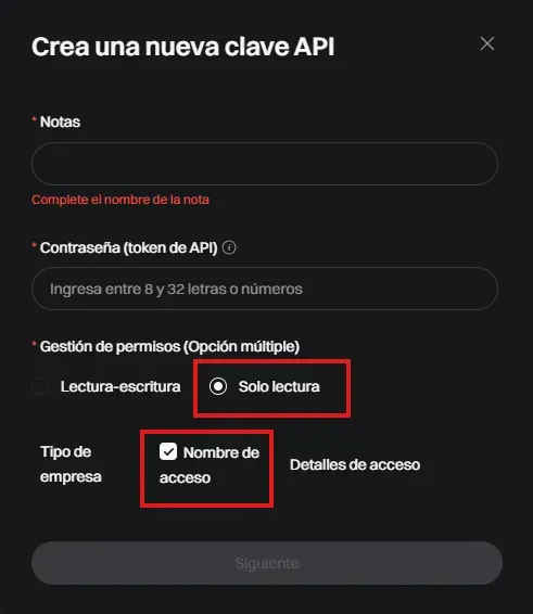 Paso 3 API Bitget: Configurar la nueva clave API con permisos de solo lectura para máxima seguridad