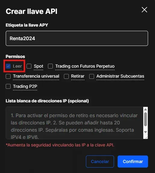 Paso 3 API BingX: Configurar la nueva clave API con etiqueta descriptiva y permiso únicamente de Leer