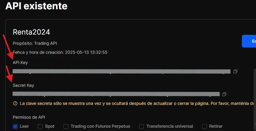 Paso 4 API BingX: Copiar API Key y Secret Key para enviar al técnico fiscal de Colvence