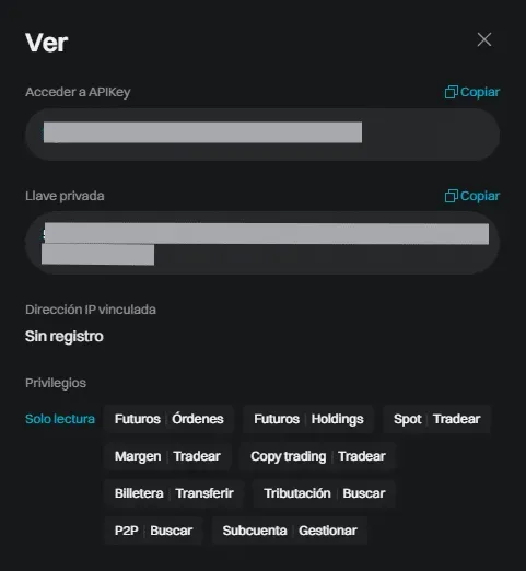 Paso 4 API Bitget: Copiar API Key y Llave privada para enviar al técnico fiscal de Colvence