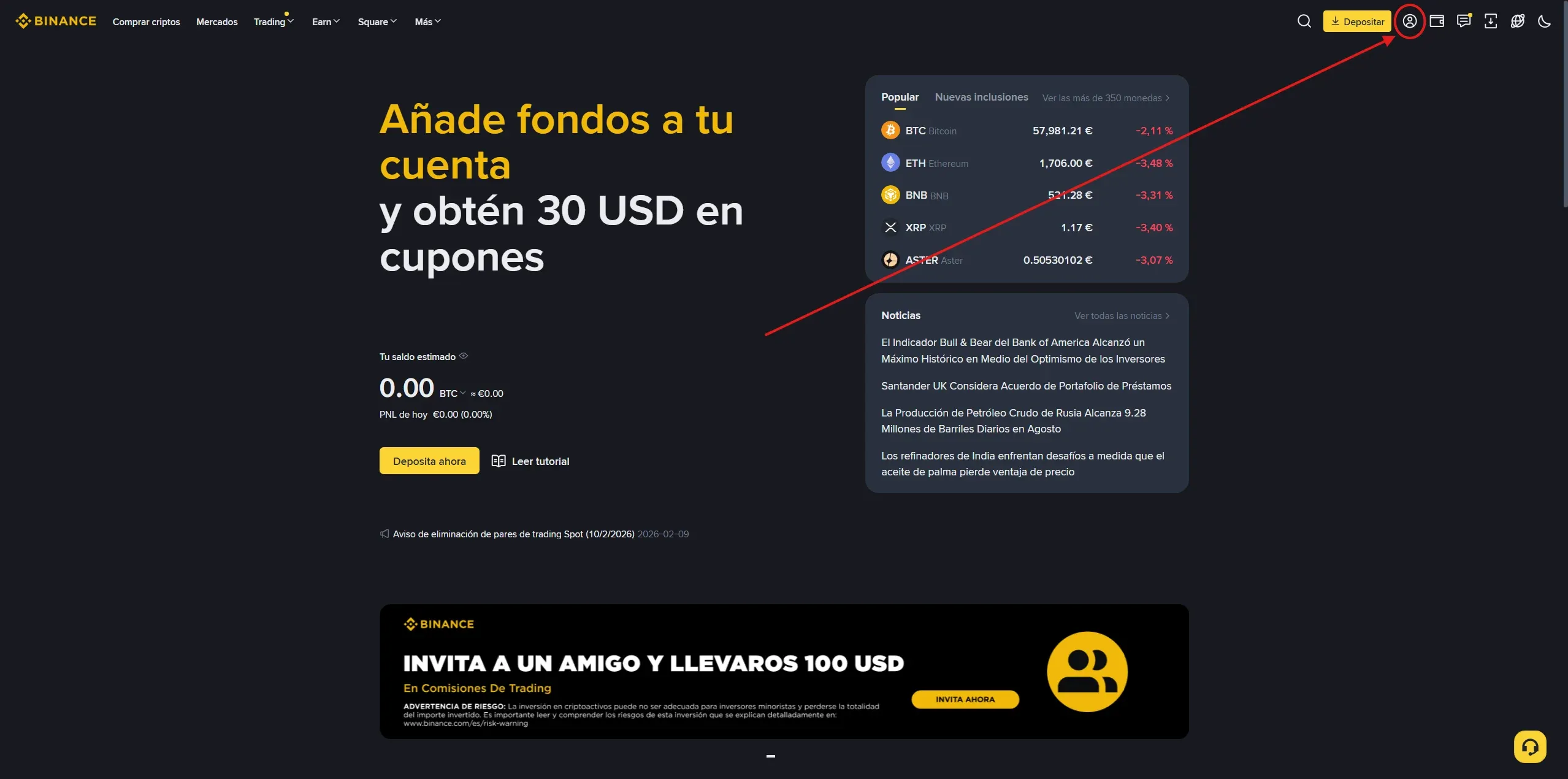 Menú Clientes en Binance para acceder a la configuración de API