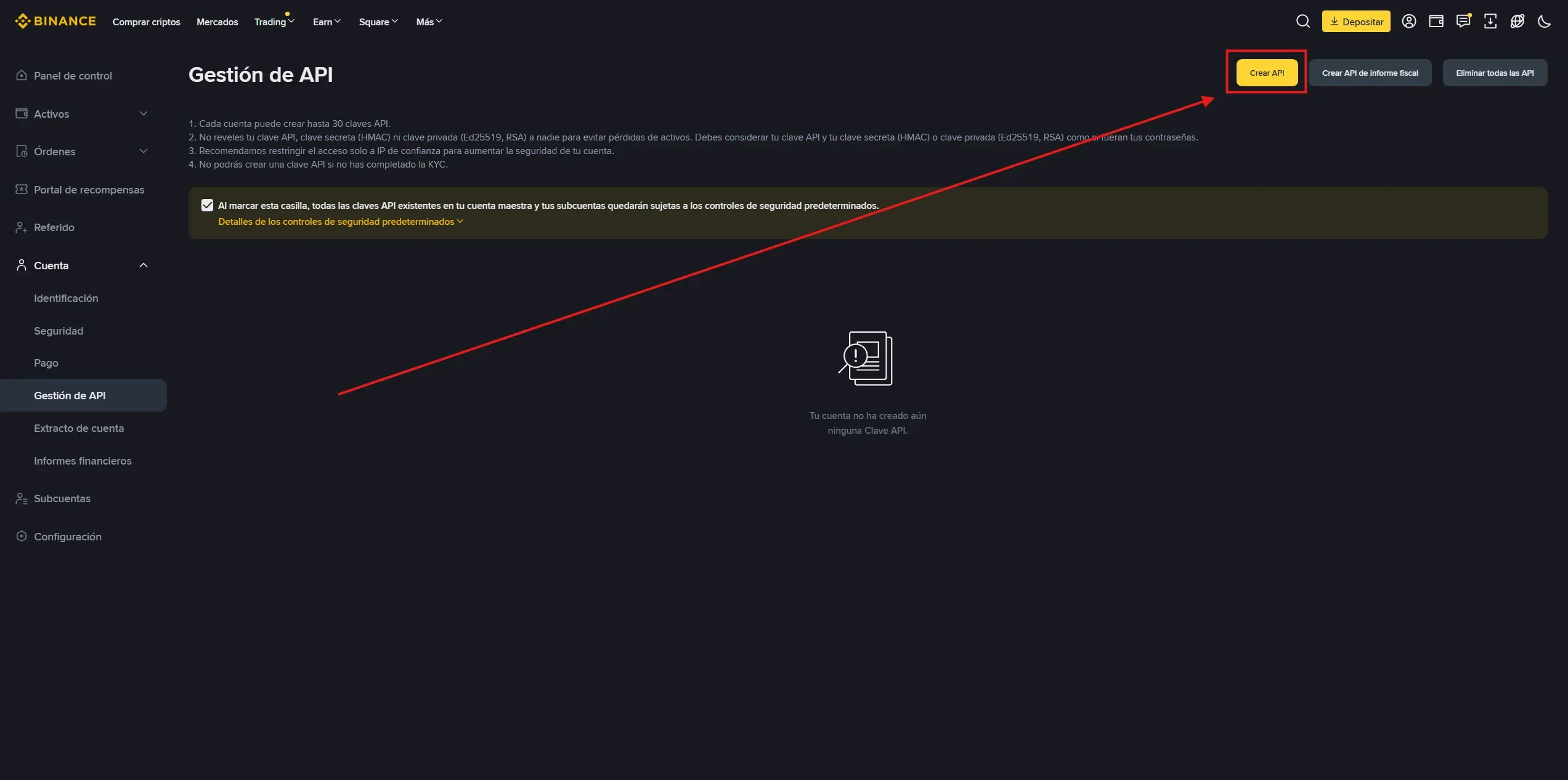 Botón Crear API en Binance