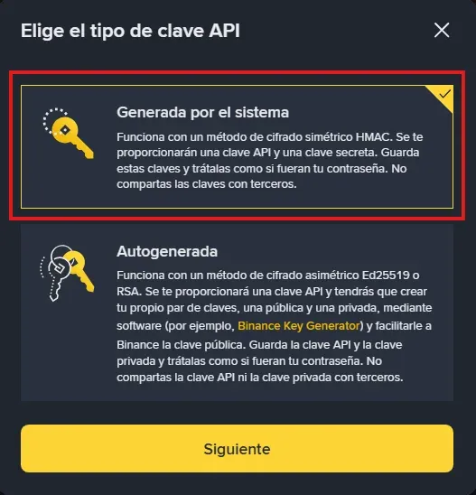 Seleccionar API generada por el sistema en Binance