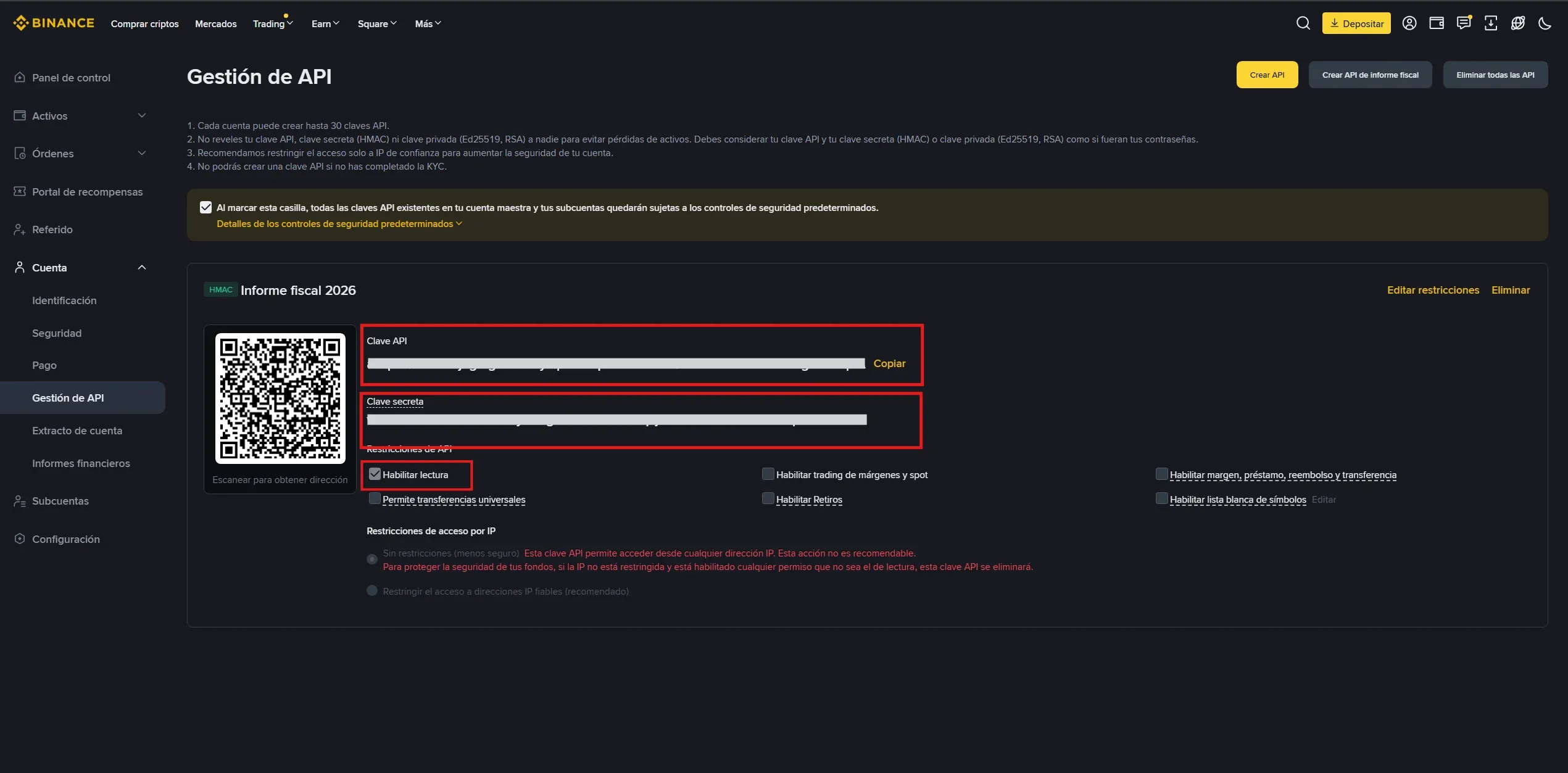 Configurar permisos de solo lectura y guardar claves API en Binance