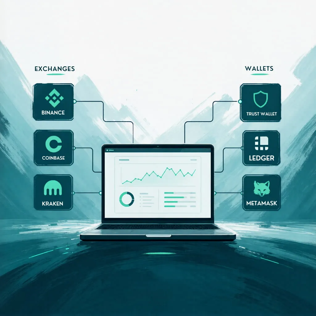Conexión de exchanges (Binance, Coinbase, Kraken) y wallets (Trust Wallet, Ledger, MetaMask) a una plataforma central