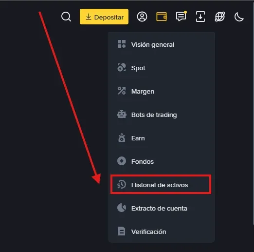 Icono de descarga de documento en Binance para exportar historial