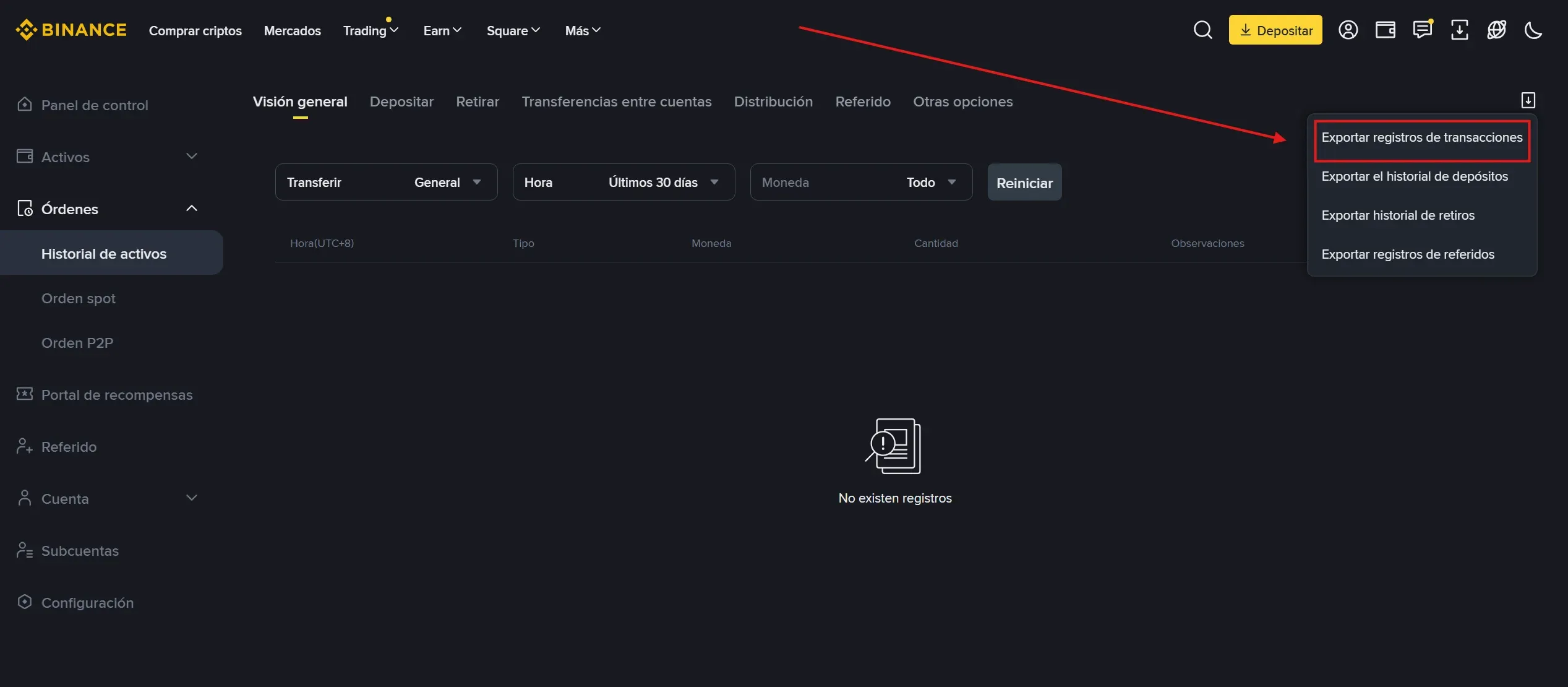 Opción Exportar registro de transacciones en el desplegable de Binance