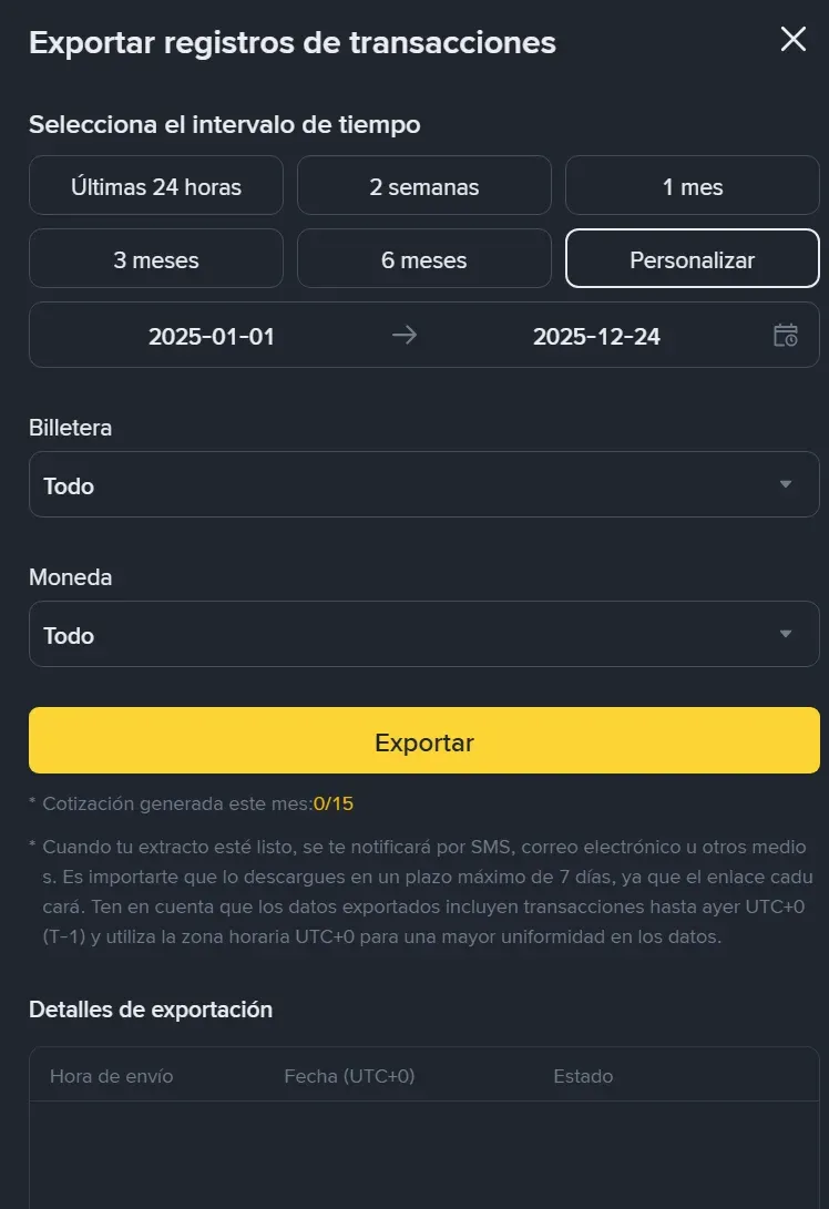 Configuración del intervalo de tiempo personalizado en Binance para exportar todo el historial