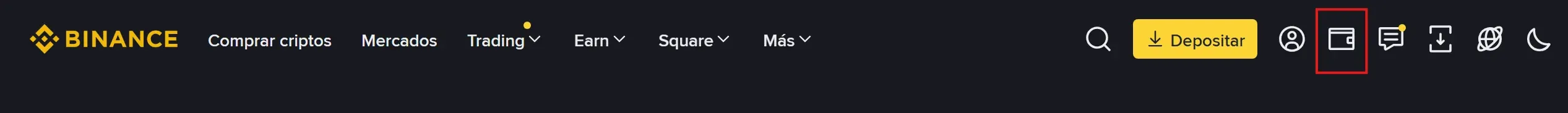 Captura de pantalla mostrando cómo acceder al historial de activos en Binance desde el icono de cartera