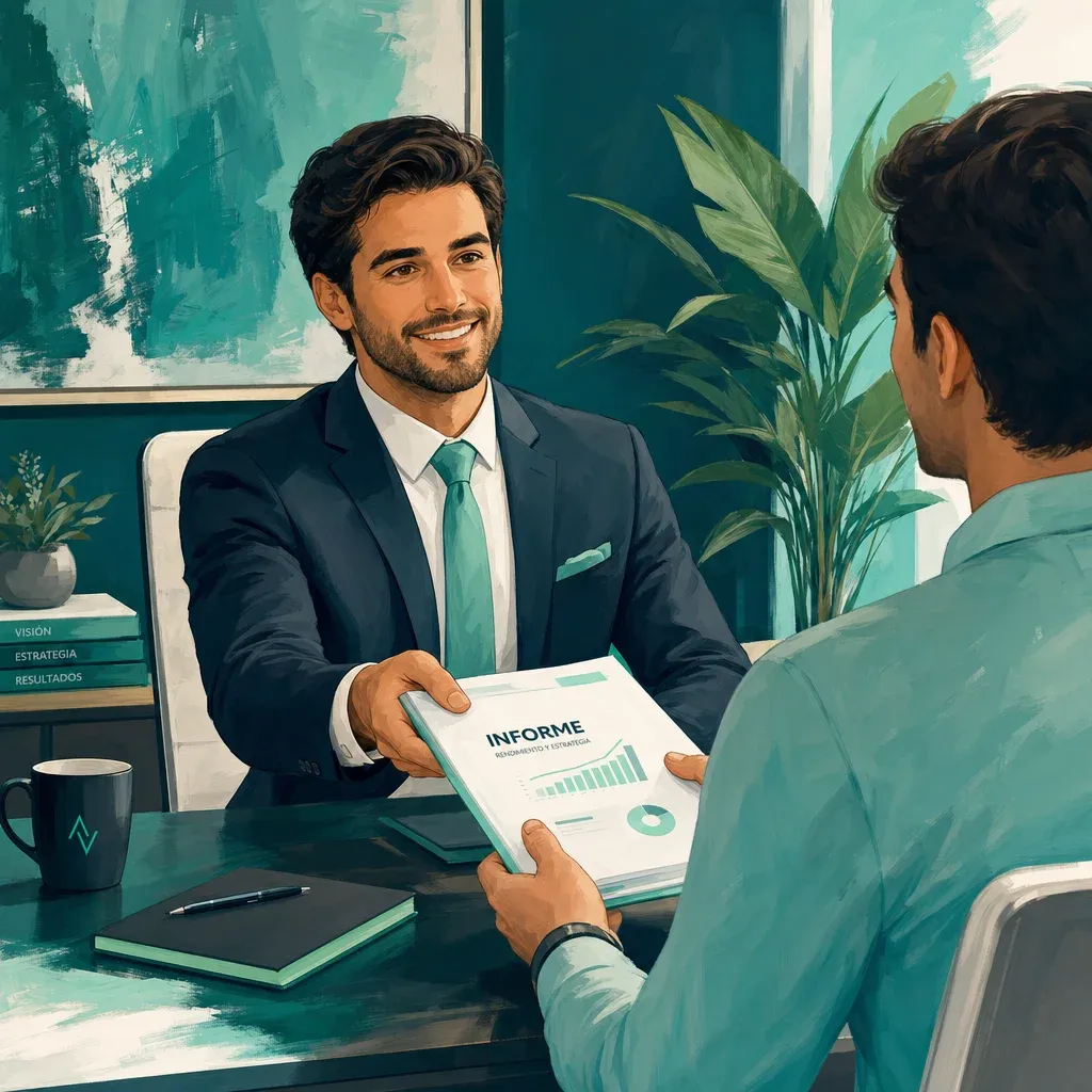 Asesor fiscal entregando el informe de criptomonedas a un cliente