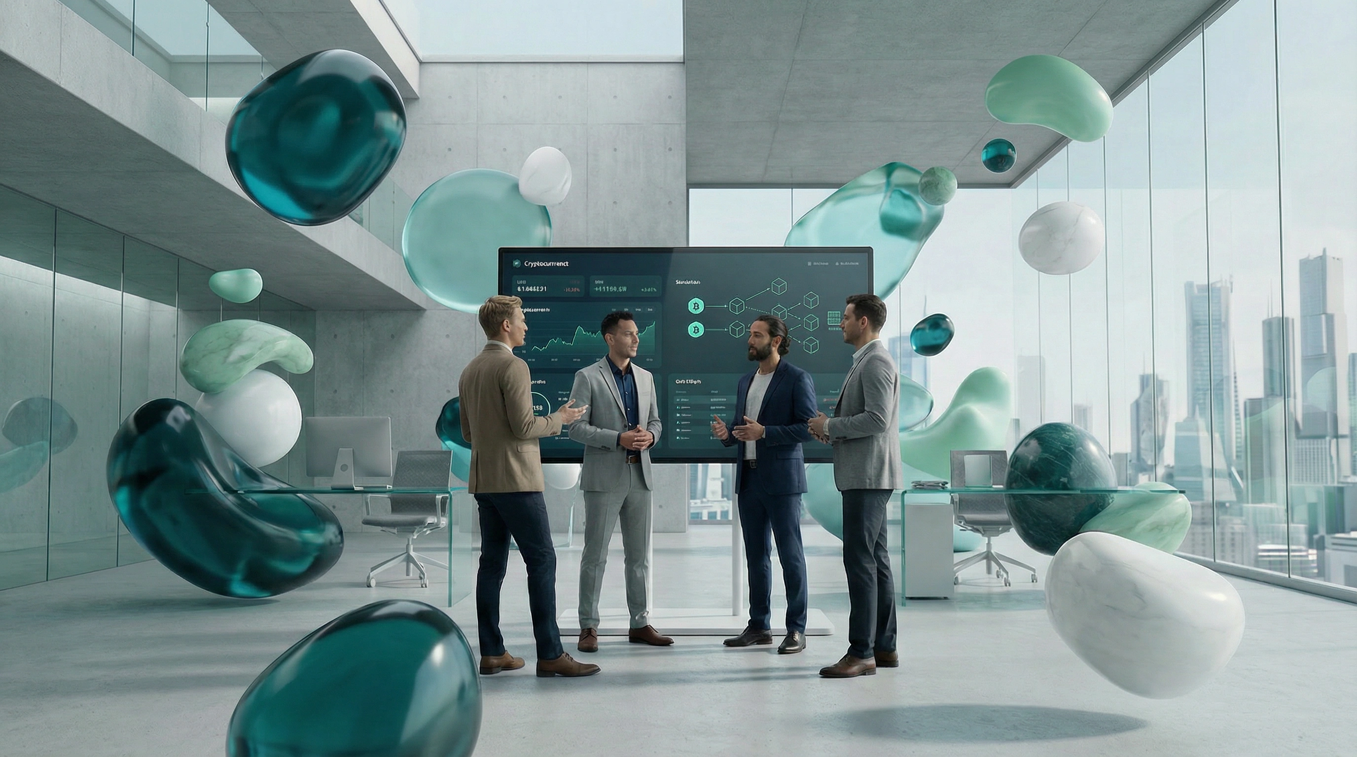 Equipo profesional de Colvence en entorno de oficina moderna con elementos 3D abstractos