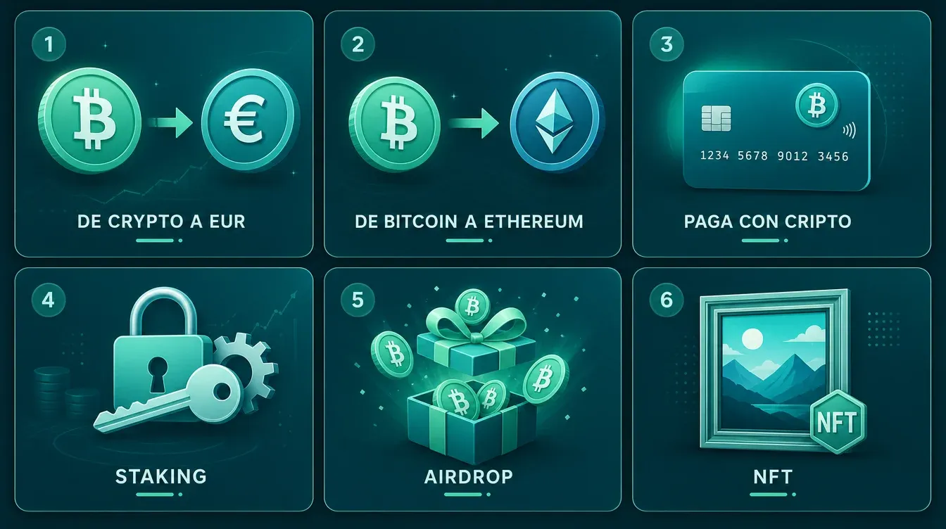 Operaciones con criptomonedas que tributan ante Hacienda: ventas a euros, swaps entre criptos, pagos con cripto, recompensas de staking, airdrops y operaciones con NFT