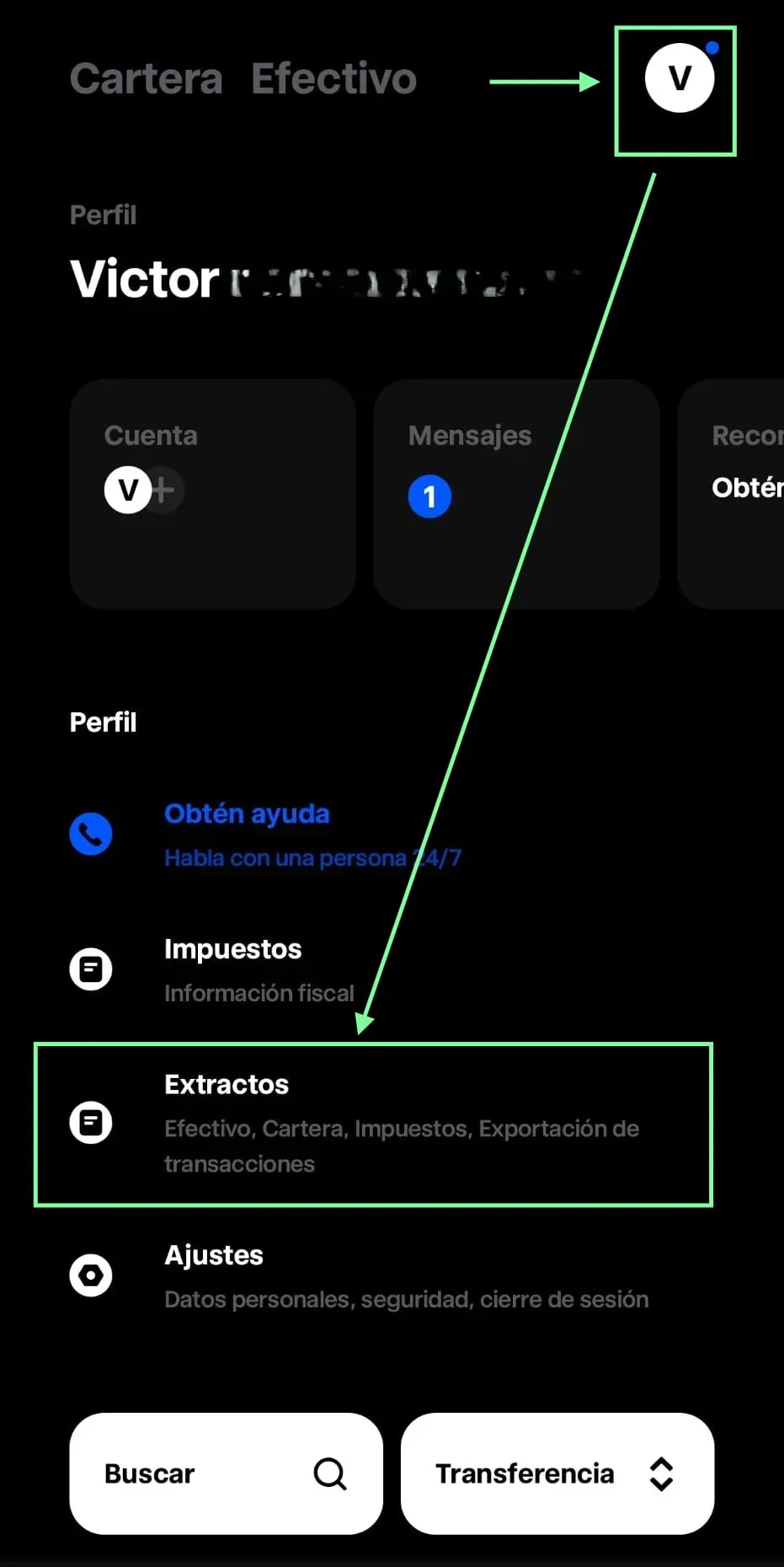 Paso 1: Pantalla de perfil de Trade Republic mostrando las opciones de cuenta, mensajes y extractos