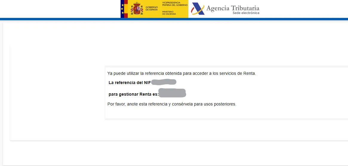Pantalla con el número de referencia de la AEAT