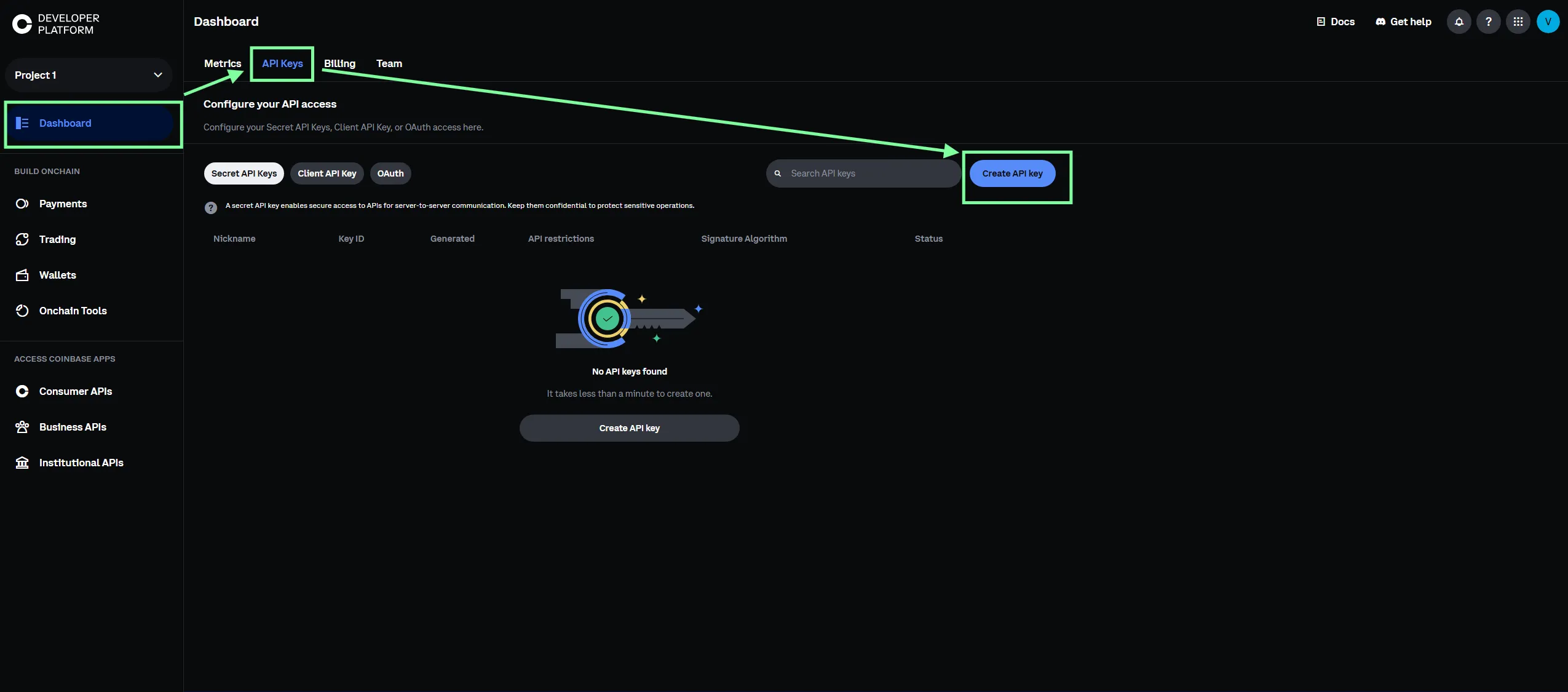 Paso 1 API Coinbase: Dashboard del Coinbase Developer Platform con la pestaña API Keys seleccionada y el botón Create API key destacado en la esquina superior derecha