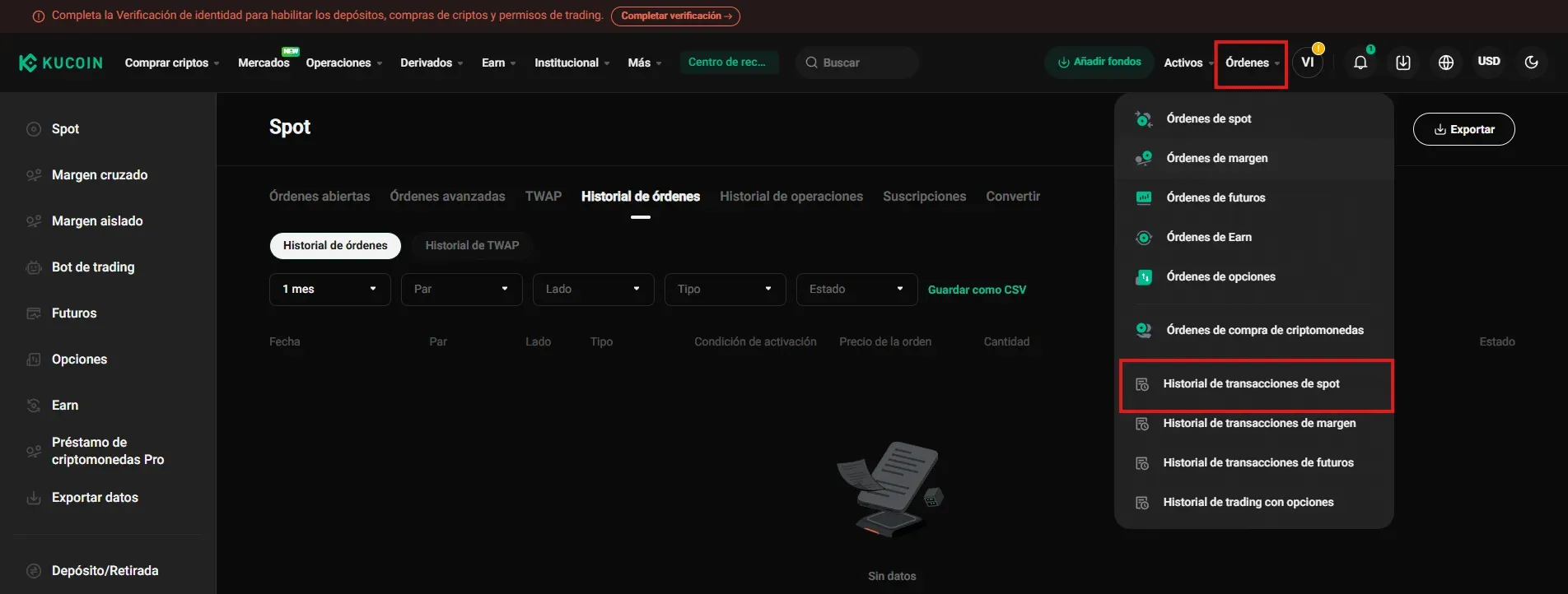 Paso 1 KuCoin: Seleccionar Órdenes y luego Historial de transacciones de spot desde el menú superior