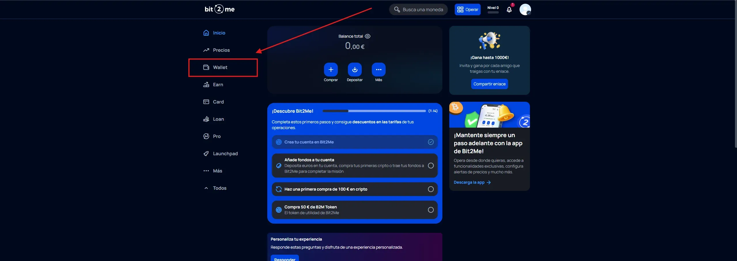 Captura de pantalla mostrando cómo acceder a la sección Wallet en Bit2Me desde la barra lateral izquierda
