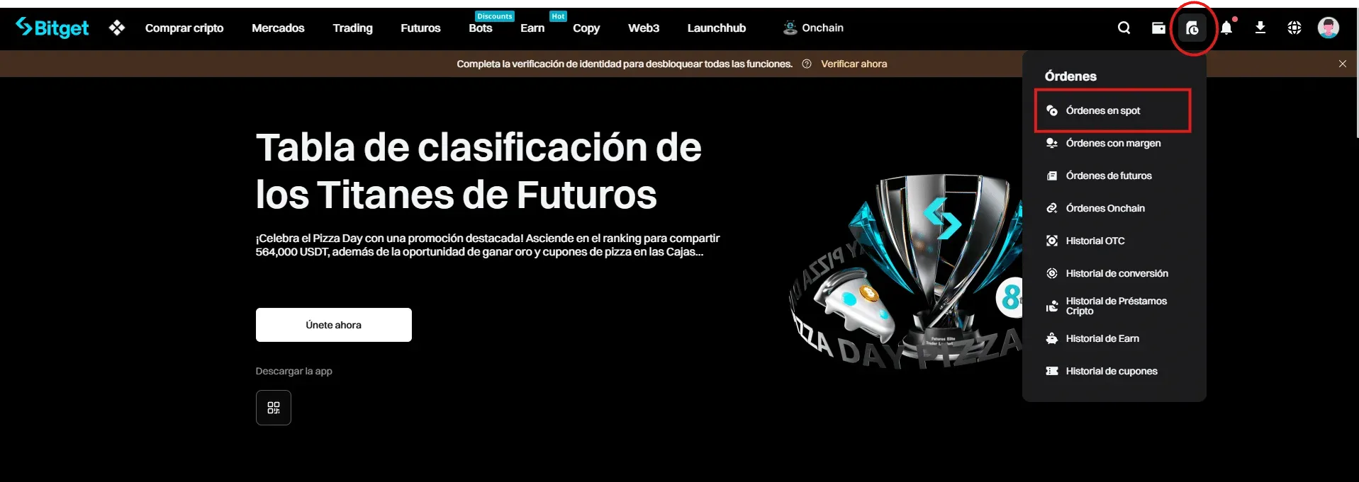 Navegación Bitget: Localizar el icono de órdenes en la barra superior para acceder a las secciones de historial