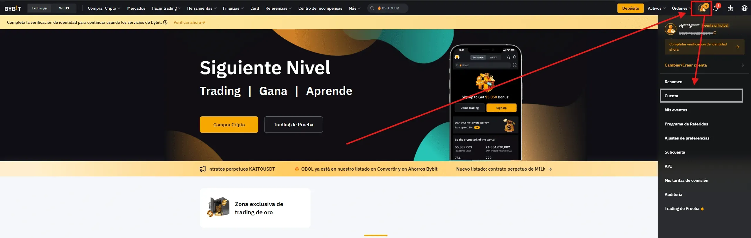 Paso 1 Bybit: Hacer clic en el icono de perfil y seleccionar Cuenta desde el menú desplegable