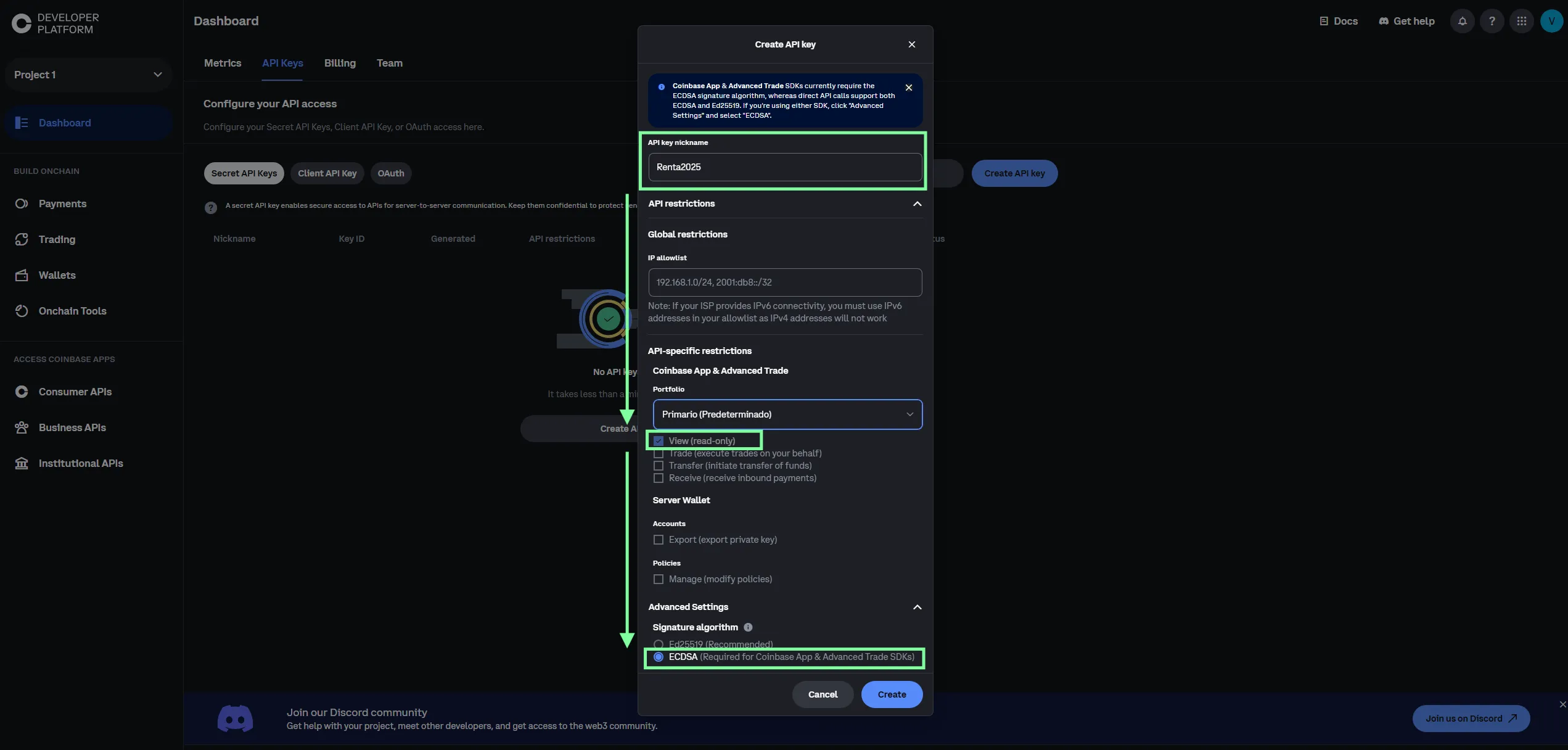 Paso 2 API Coinbase: Modal de Create API key con el nombre Renta2025, permiso View activado, opción Coinbase App and Advanced Trade seleccionada y algoritmo ECDSA marcado en Advanced settings
