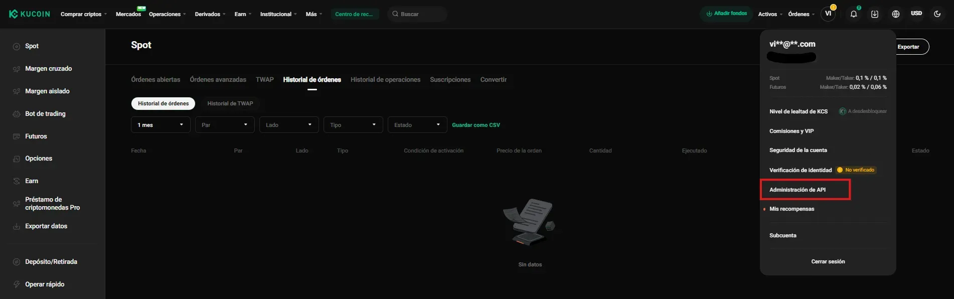 Paso 1 API KuCoin: Acceder a Administración de API desde el menú del perfil
