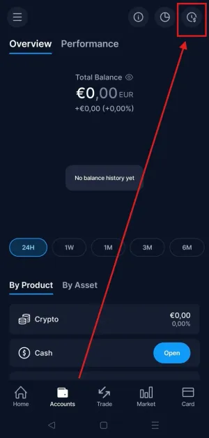 Paso 2 Crypto.com: Acceder a la sección Accounts desde el botón de cartera en la barra inferior de la app