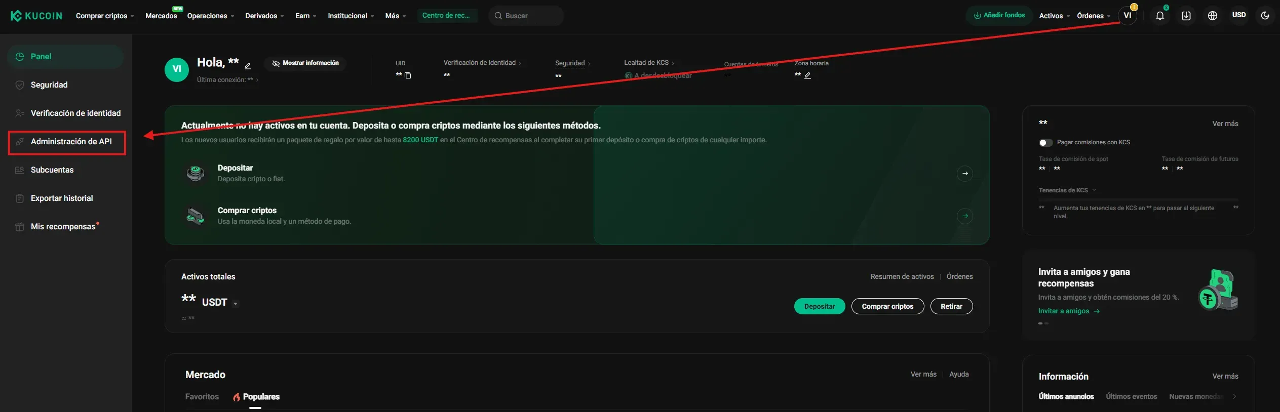 Acceso alternativo a Administración de API desde el panel lateral de la cuenta