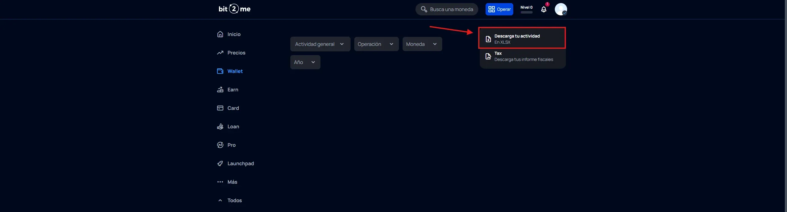 Botón Descarga tu actividad en formato XLSX en Bit2Me para exportar historial de transacciones cripto