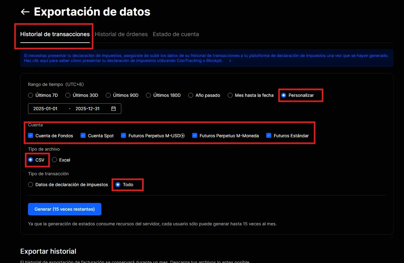 Paso 3 BingX: Configurar Historial de transacciones con rango personalizado, todas las cuentas, CSV y tipo de transacción Todo
