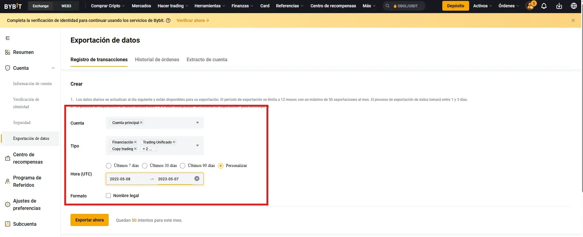 Paso 3 Bybit: Configurar exportación con cuenta principal, todos los tipos de datos y rango personalizado de un año