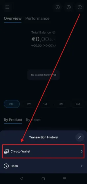 Paso 3 Crypto.com: Tocar el icono de reloj para acceder al historial de transacciones