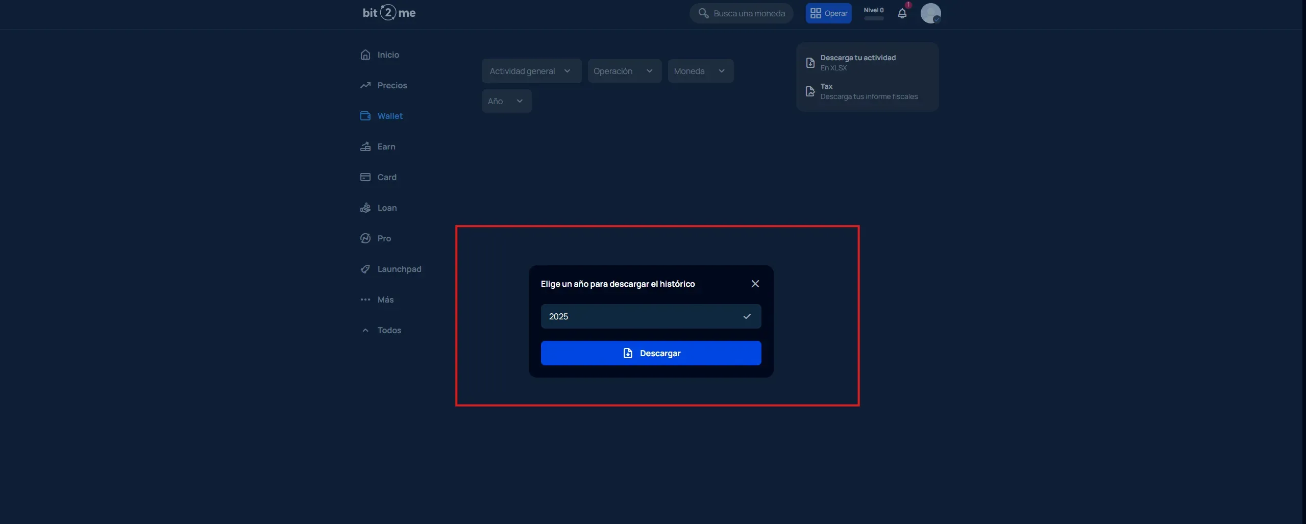 Ventana emergente de Bit2Me para seleccionar el año fiscal y descargar archivo XLSX con historial de operaciones