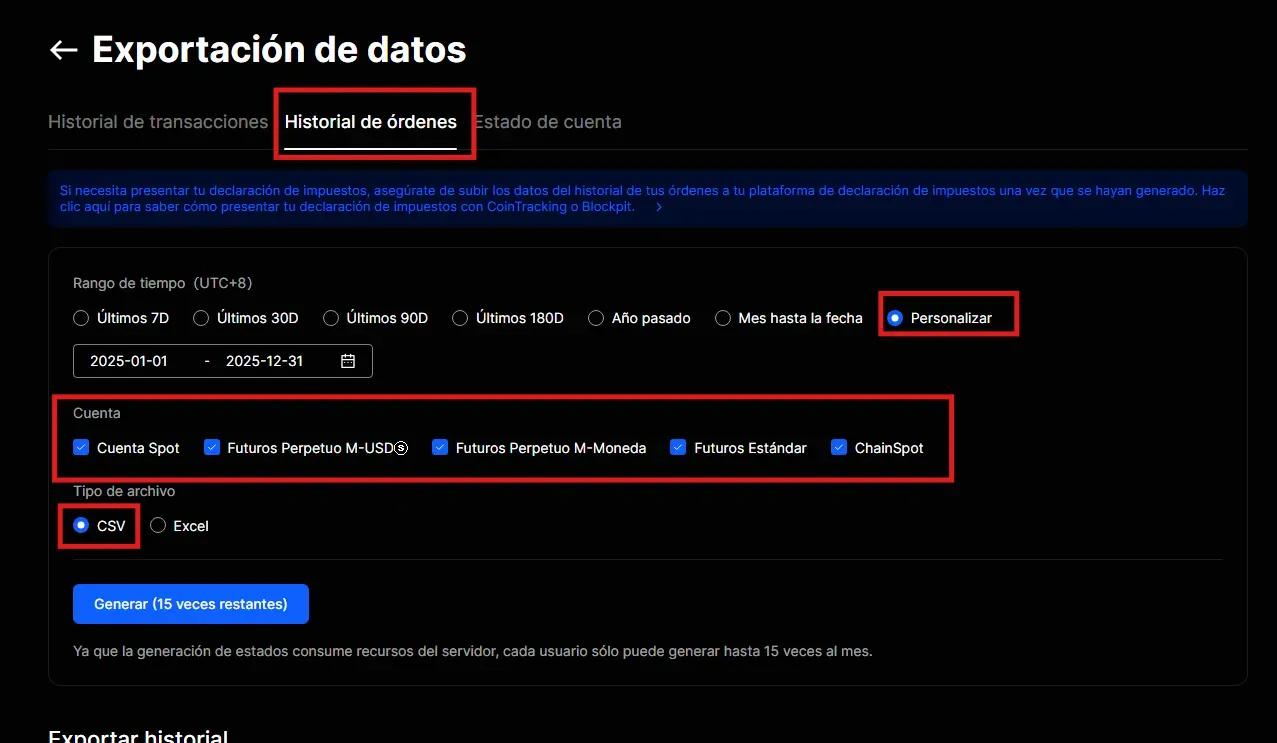 Paso 4 BingX: Configurar Historial de órdenes con rango personalizado, todas las cuentas y CSV