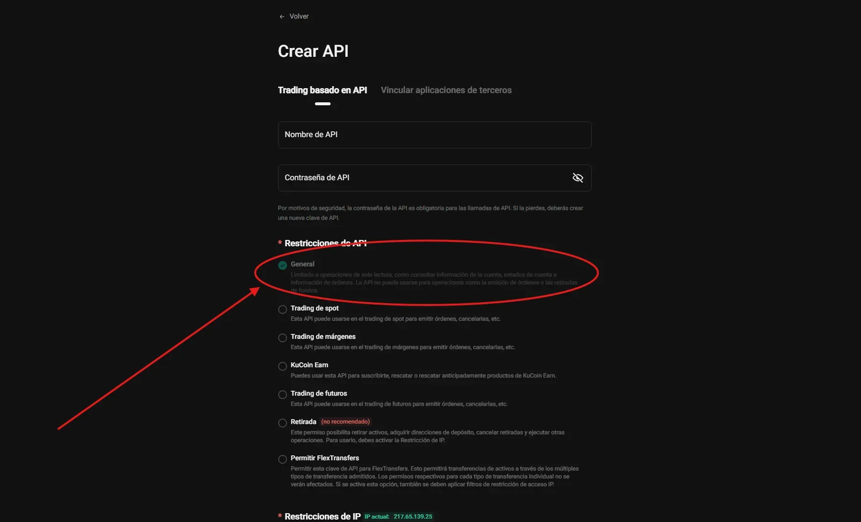 Paso 3 API KuCoin: Seleccionar únicamente el permiso General (solo lectura) en las restricciones de API