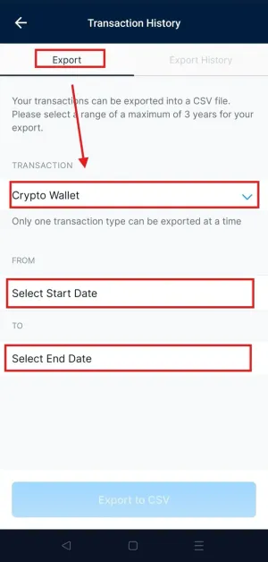 Paso 5 Crypto.com: Seleccionar opción Crypto Wallet para exportar transacciones de criptomonedas