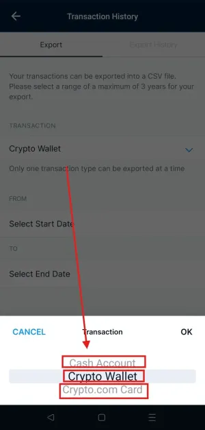 Paso 6 Crypto.com: Configurar fechas de exportación con máximo de 3 años por rango