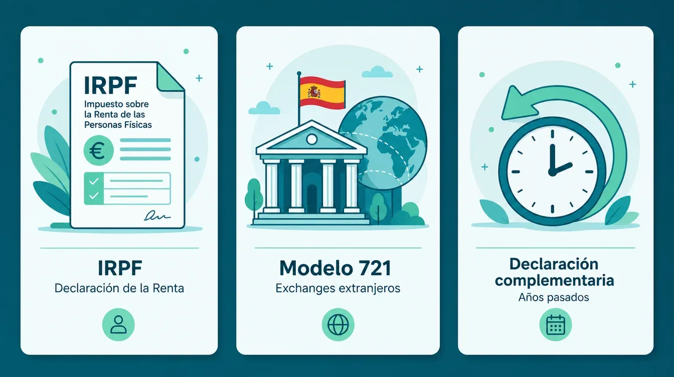 Las tres obligaciones fiscales de las criptomonedas en España: IRPF, Modelo 721 para exchanges extranjeros y declaración complementaria para años anteriores no declarados